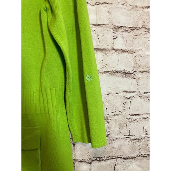 AVA Sweater Womens Large Neon Green Full Front Zip Up Satin Cowl Neck Cardigan - Picture 2 of 12